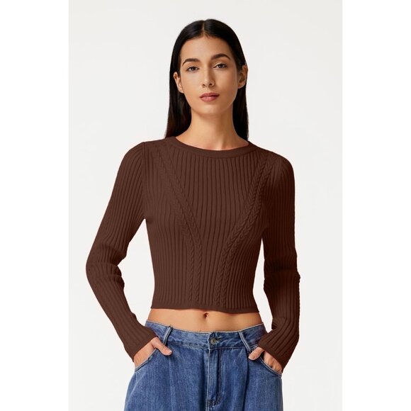 Womens Cable Knit Crewneck Sweater Slim Fit Crop Long Sleeve Pullover - Picture 5 of 6